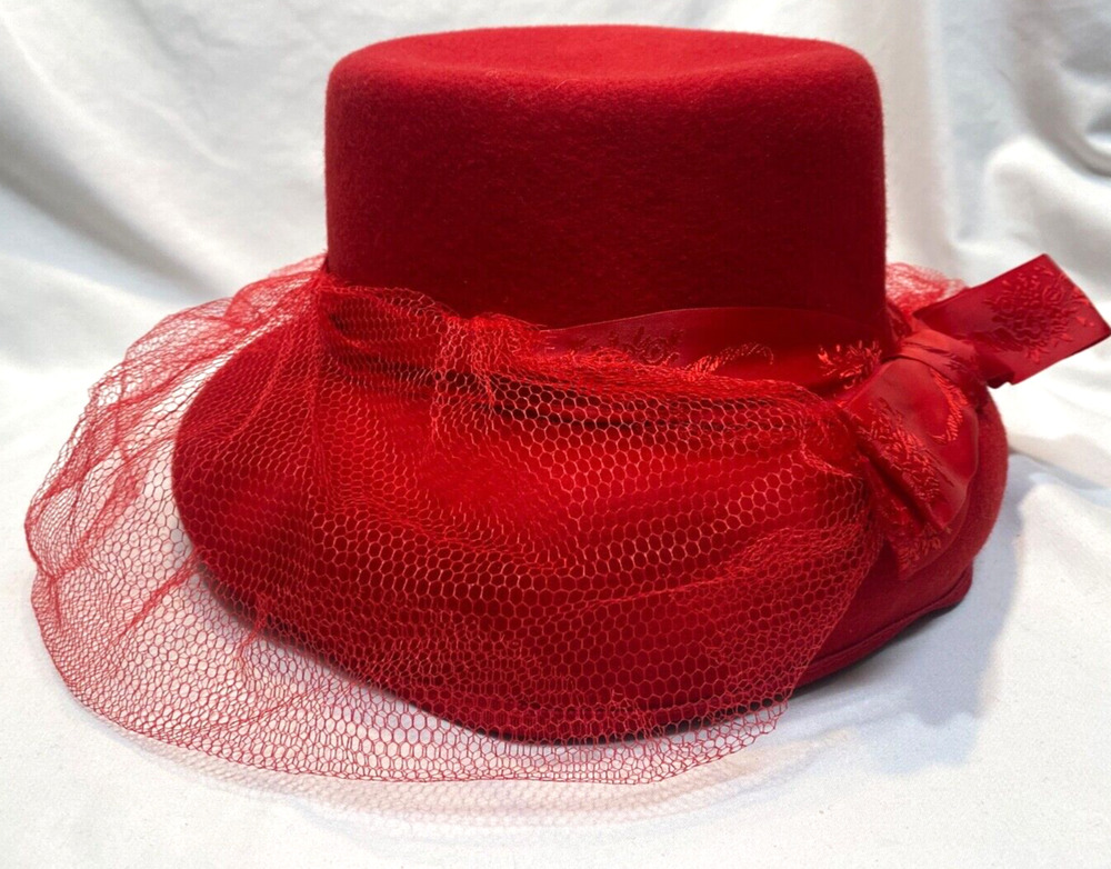 Michael Howard 100% Wool Red Hat Satin Bow and Tulle Church/Work/Pleasure